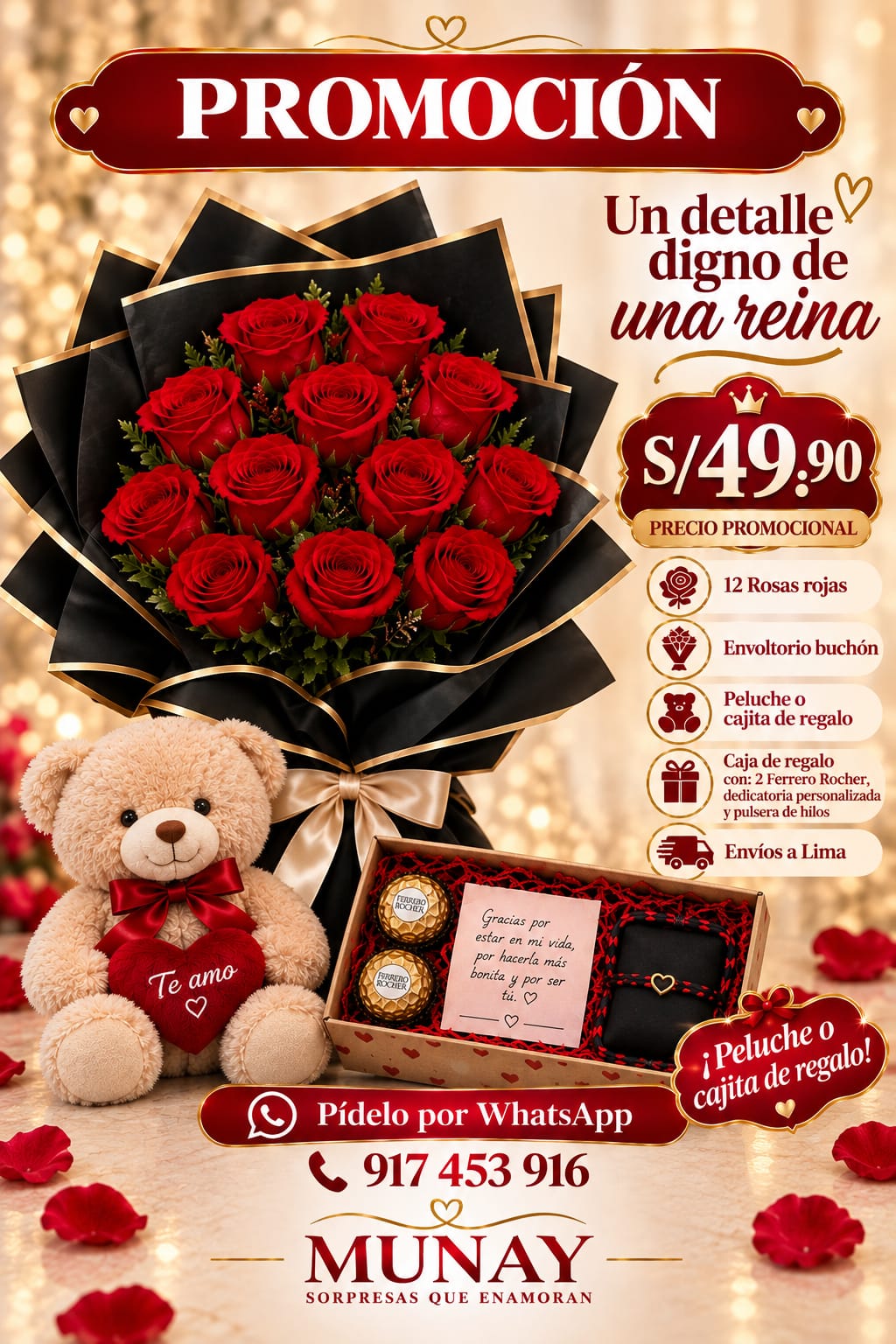 Promoción de rosas rojas con peluche de regalo por S/ 49.90