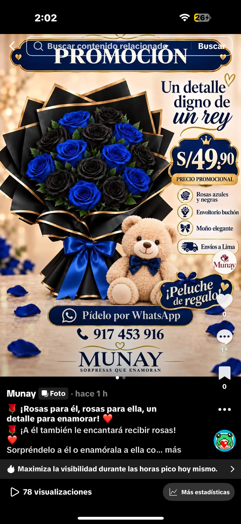 Ramo Munay de rosas azules y negras con envoltorio negro y dorado, moño azul y peluche de regalo